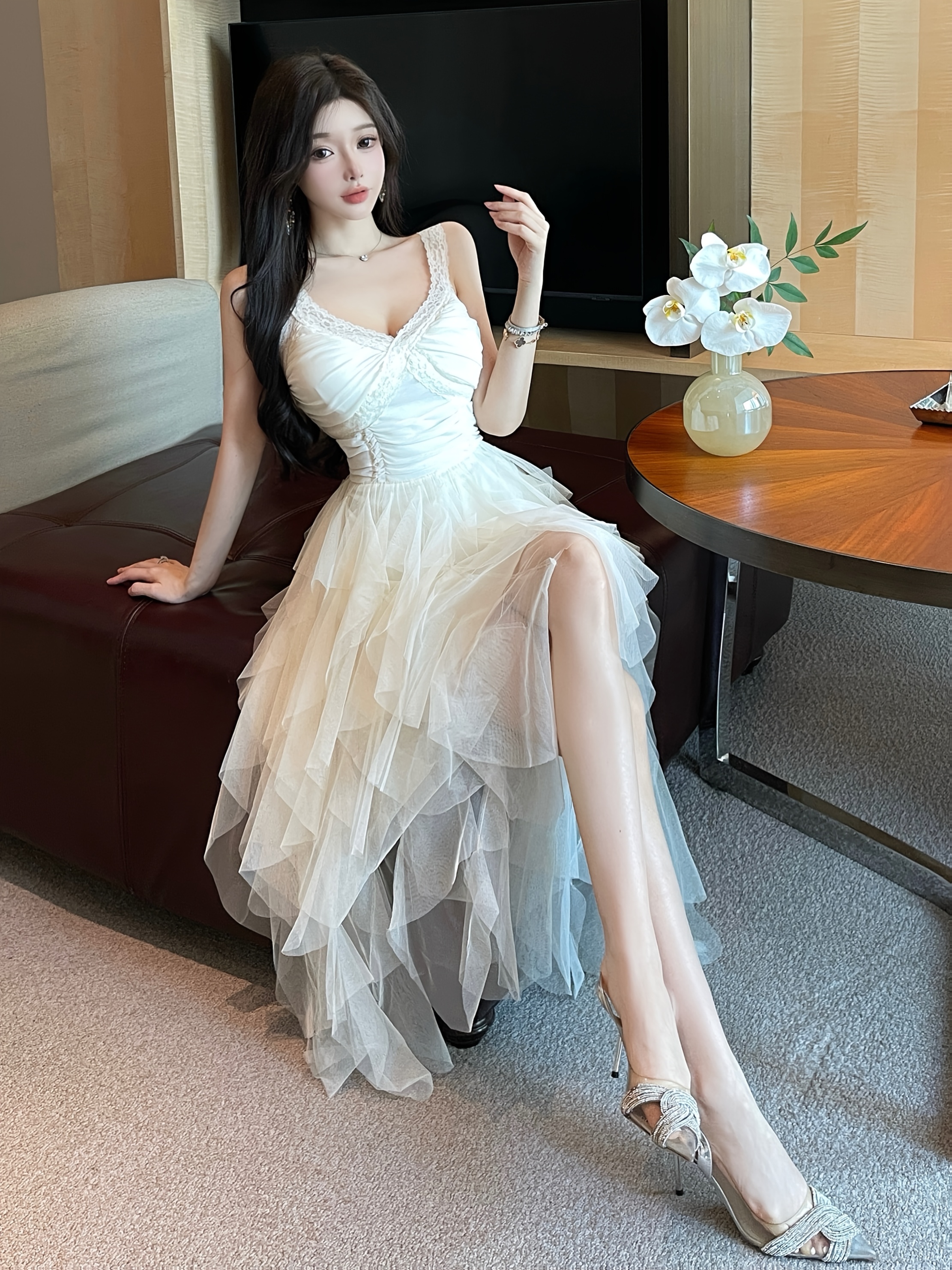 irregular mesh train style long dress a sense design light - Temu