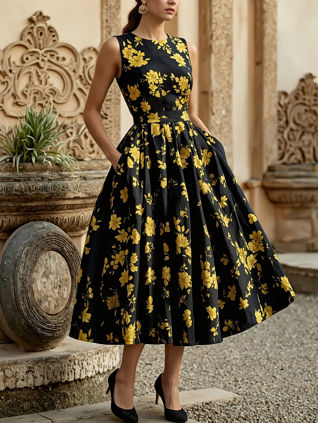 black tie front dress CC0042- Black & Yellow Flower Short Batik Dress | Ceylon Batik main image 1