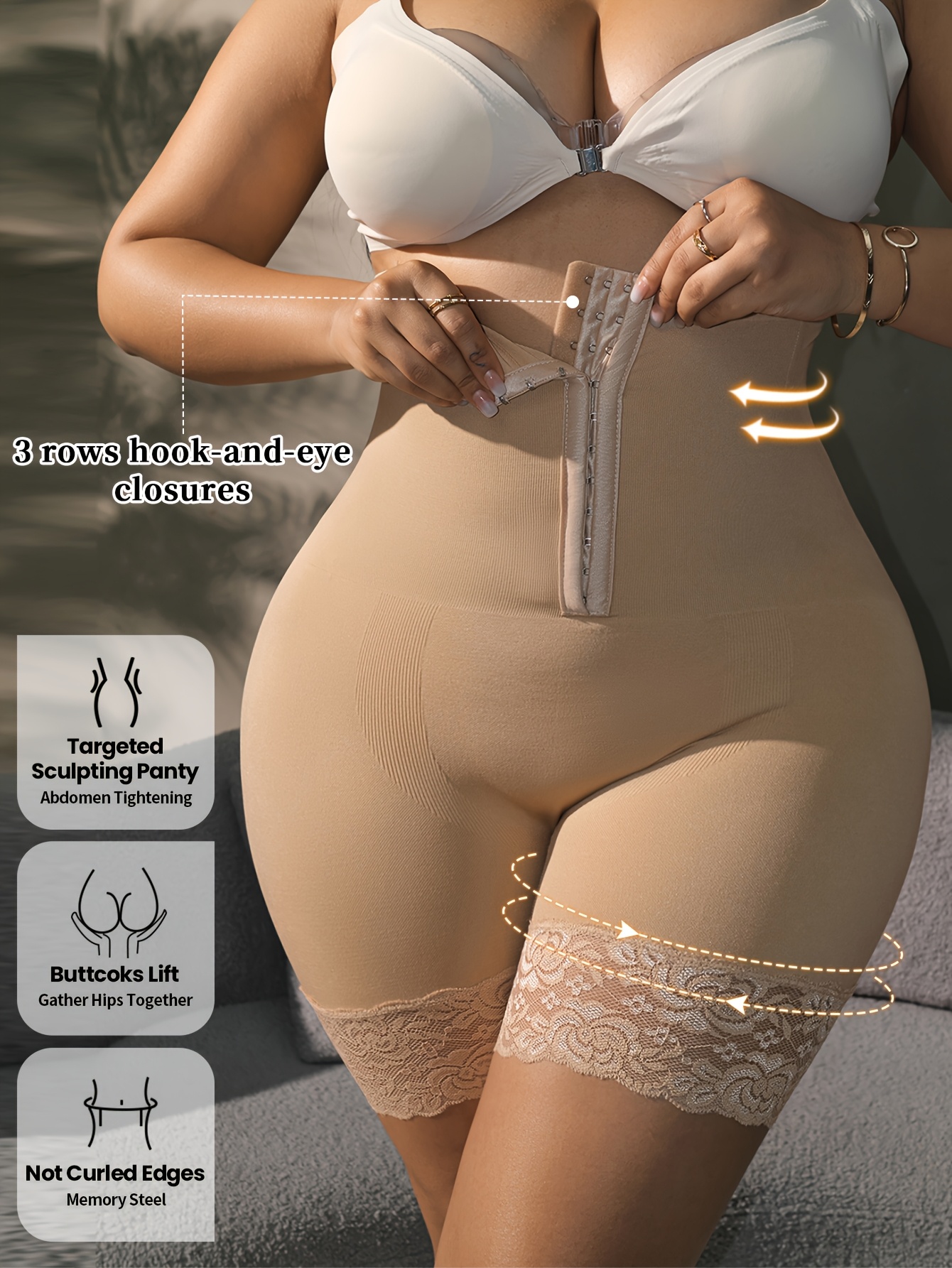 Women's Plus Size High-Waisted Shapewear Shorts with Lace Trim & Zipper Closure - Butt-Lifting Tummy Control 92% Nylon/8% Elastane Blend, 3 Row Hook & Eye Closures, Sculpting Panti Style for Casual Attire