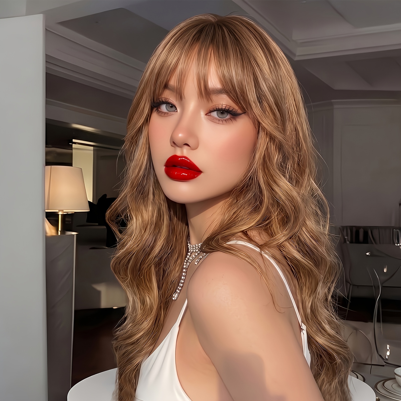 24 Inch Honey Blonde Balayage Long Loose Water Wave Wig With Bangs, Heat Resistant Synthetic Fluffy Wig For Women, Kpop Y2k Emo Cosplay Wig, Nightclub Dinner Party Portrait Daily Hairstyle