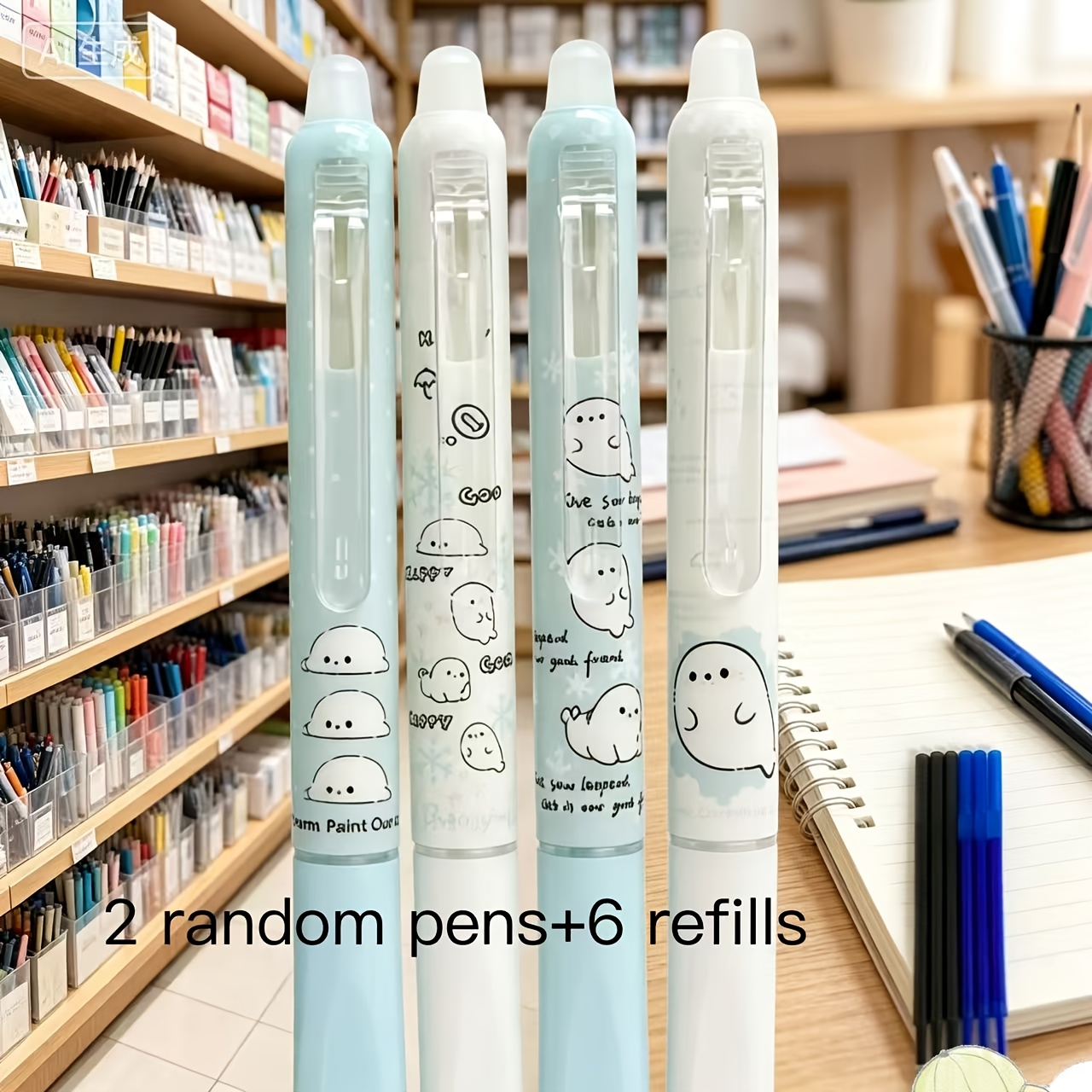 TEMU 8pcs Fun Seal Push-erase Pen Set: 2 Random Pens + 6 Refills, 0.5mm -black Ink For Smooth Writing, Gel Pens. Suitable For School, Journaling, And