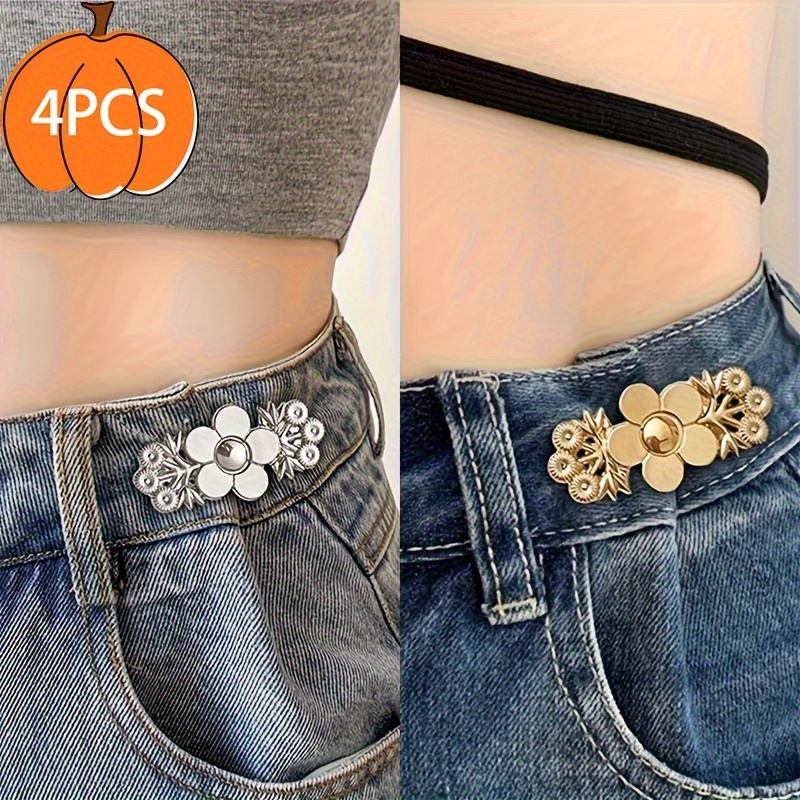 

4-pack Adjustable Denim Waist Tightener - Floral Design Jeans Expansion Buttons - Instant Waistband Widening Clips For Pants And Skirts, Golden