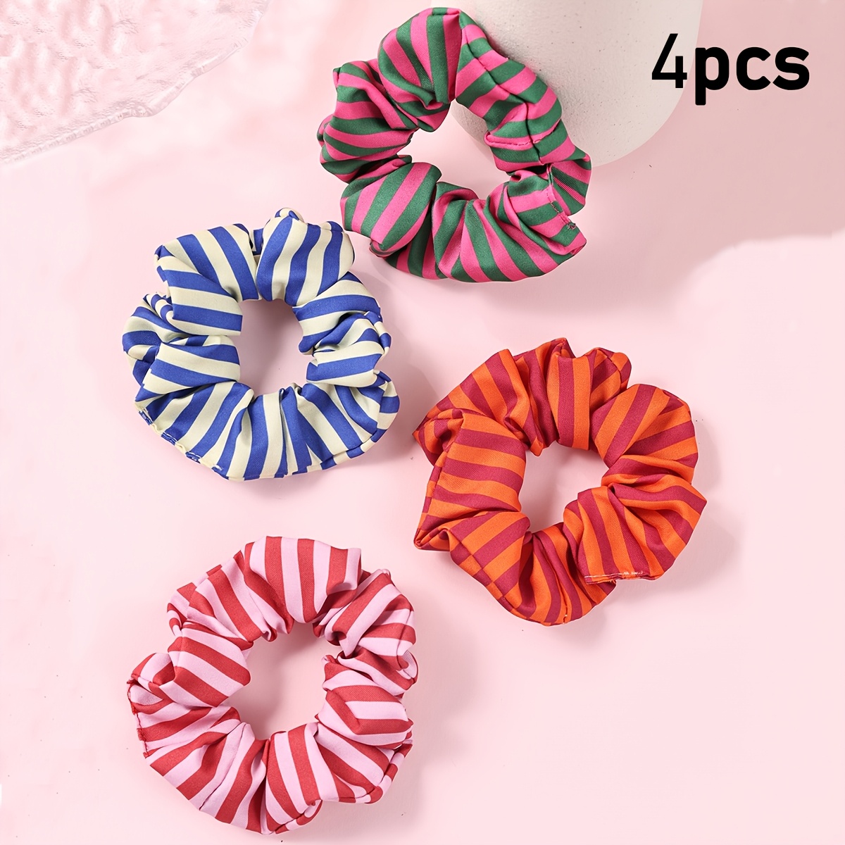 Image of 4pcs Contrast Women's Vintage Colorful Striped Fabric Scrunchies, High-elastic Soft Hair-friendly Hair Ties, Temperament Style, Daily Ponytail Versatile Hair Additions