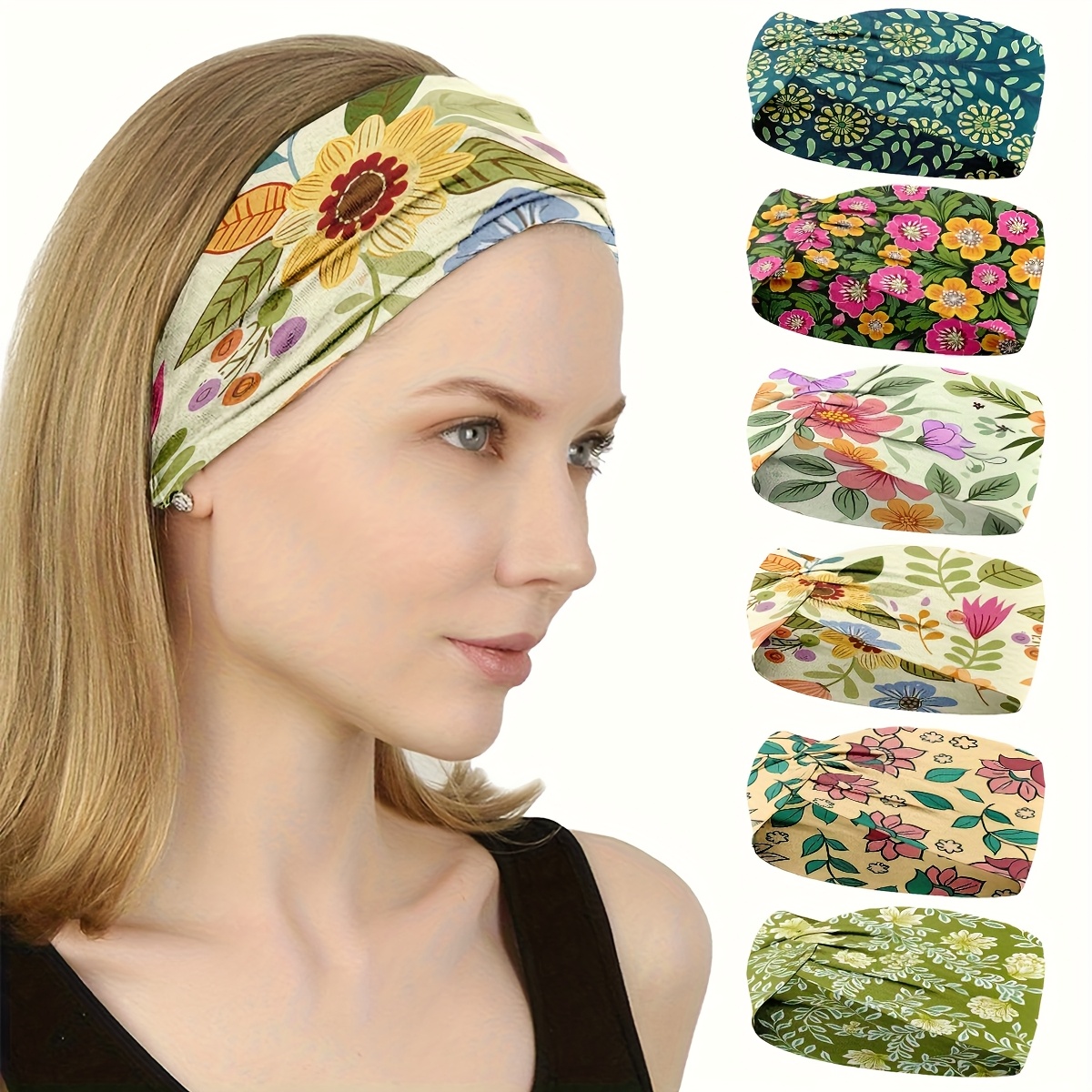 E-shop 6 Stück, Blumenmuster, Weites Stirnband für Damen, Stirnband, Geschürftes Stirnband, Modischer Kopfschmuck, Lilie, Kleines Blumenmuster,