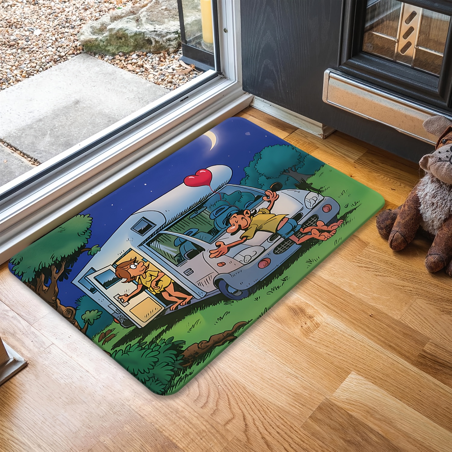 TEMU 1 tapis en flanelle douce à motif de camping-car, antidérapant, tapis durable lavable en machine à la décoloration, adapté pour salon, chambre à