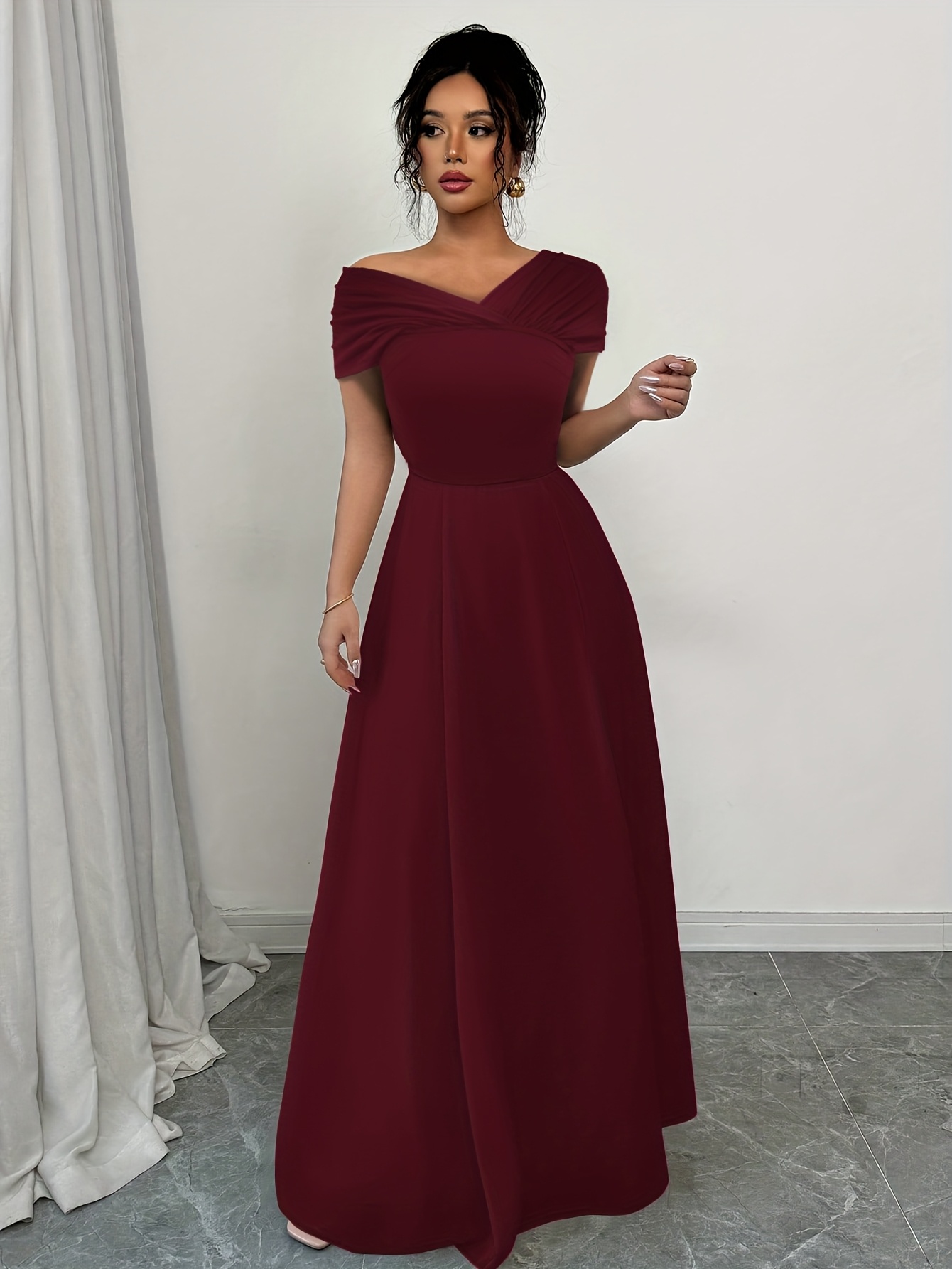 elegant shoulder maroon gown high flowing a line dress Temu