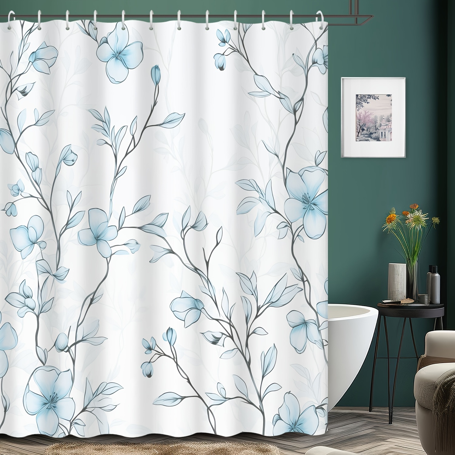

1pc Blue Flower Pattern Shower Curtain, Water-resistant Shower Curtain With Plastic Hooks, Wall Decoration Pendant, Bathroom Partition, Bathroom Accessories