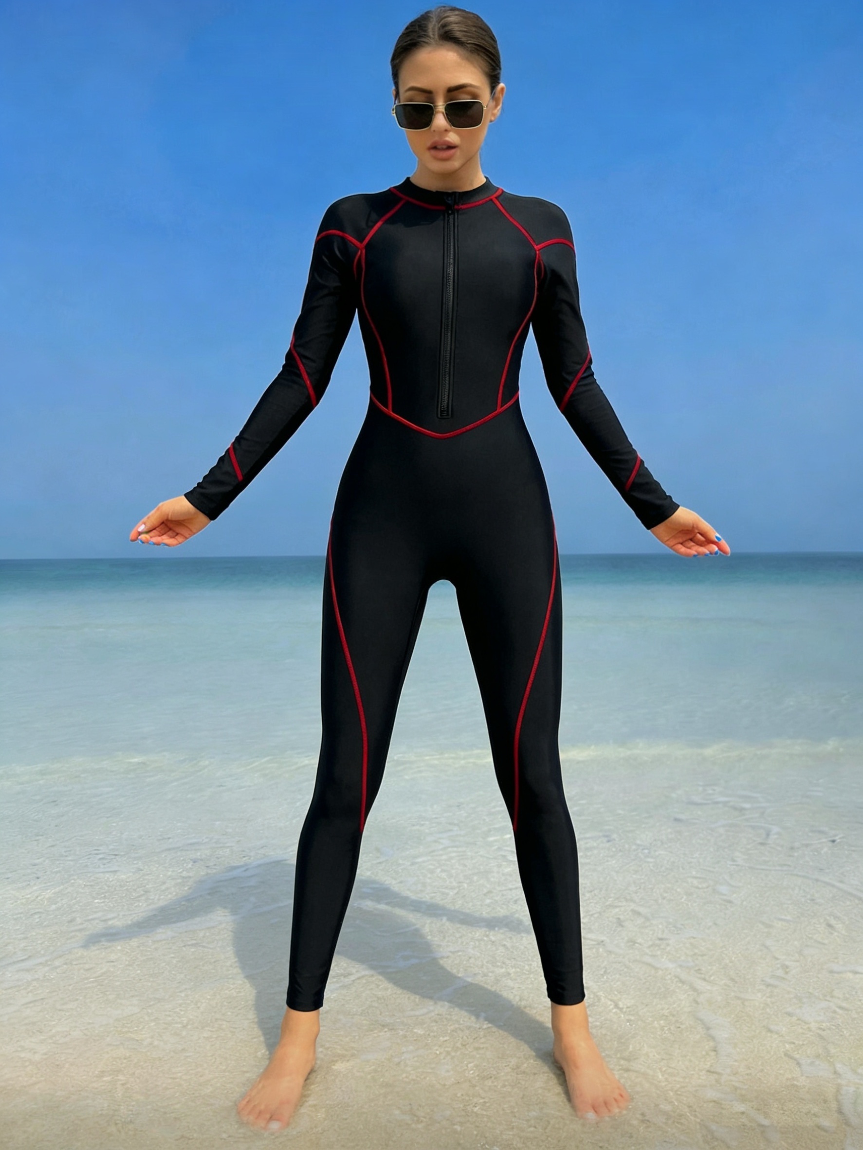 womens long sleeved long legged one piece swimsuit conservative   high   and comfortable suitable for swimming   surfing swimming pools seaside     high elastic fabric