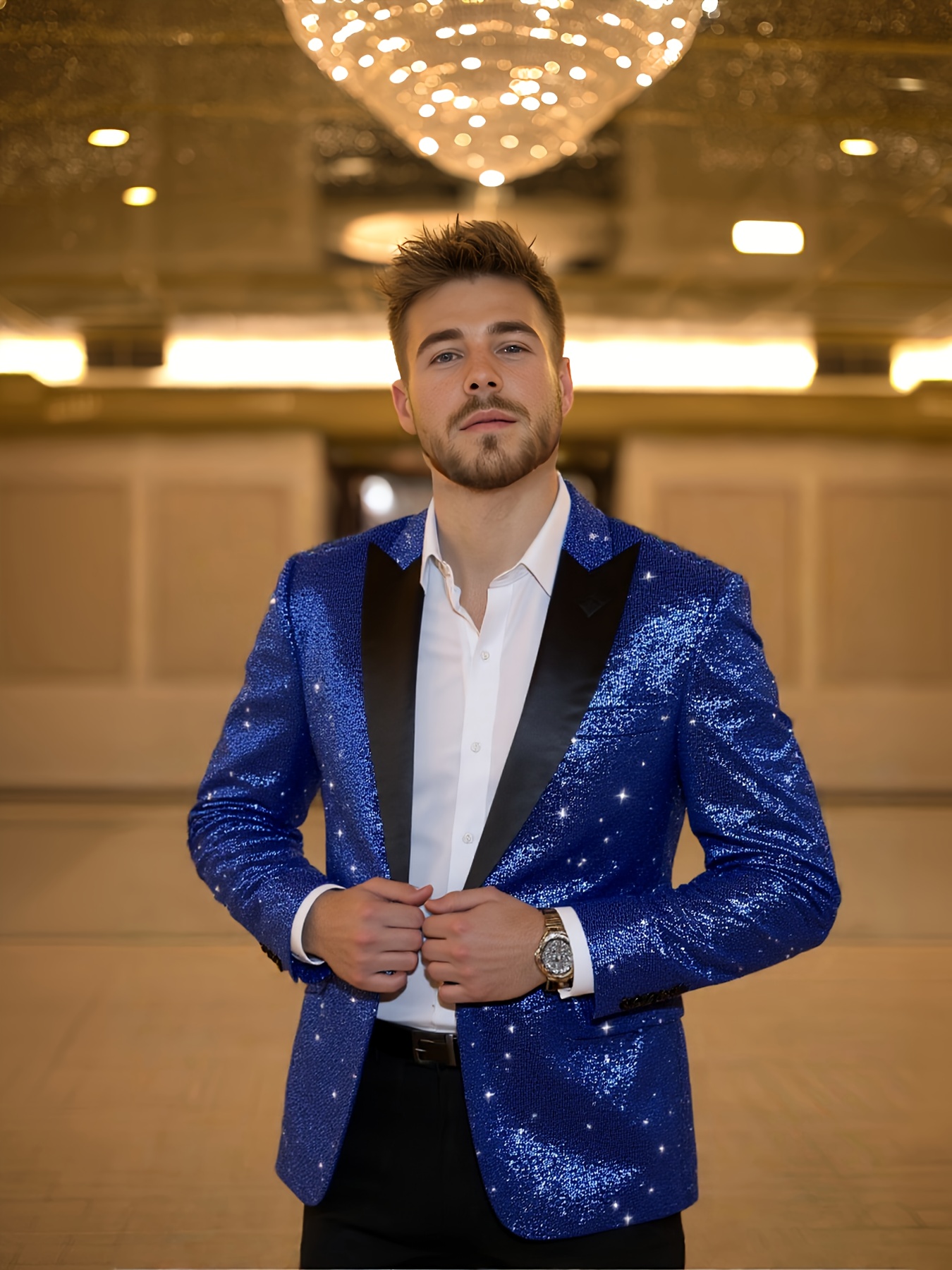 *'s Glittering Blue Sequin Stylish One-Button Suit Jacket for Parties,  Performances Formal Events, Polyester Fabric with