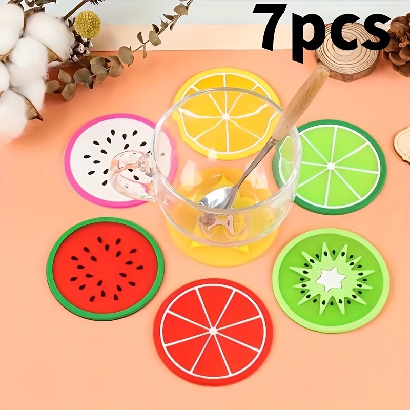 

7pcs Silicone Coasters Set, Fruit Design Non-slip Cup Pads, Creative Assorted Fruit Slice Drink Mats For Coffee & Tea, Heat-resistant Table Placemats, Colorful Jelly-style Kitchen Accessories