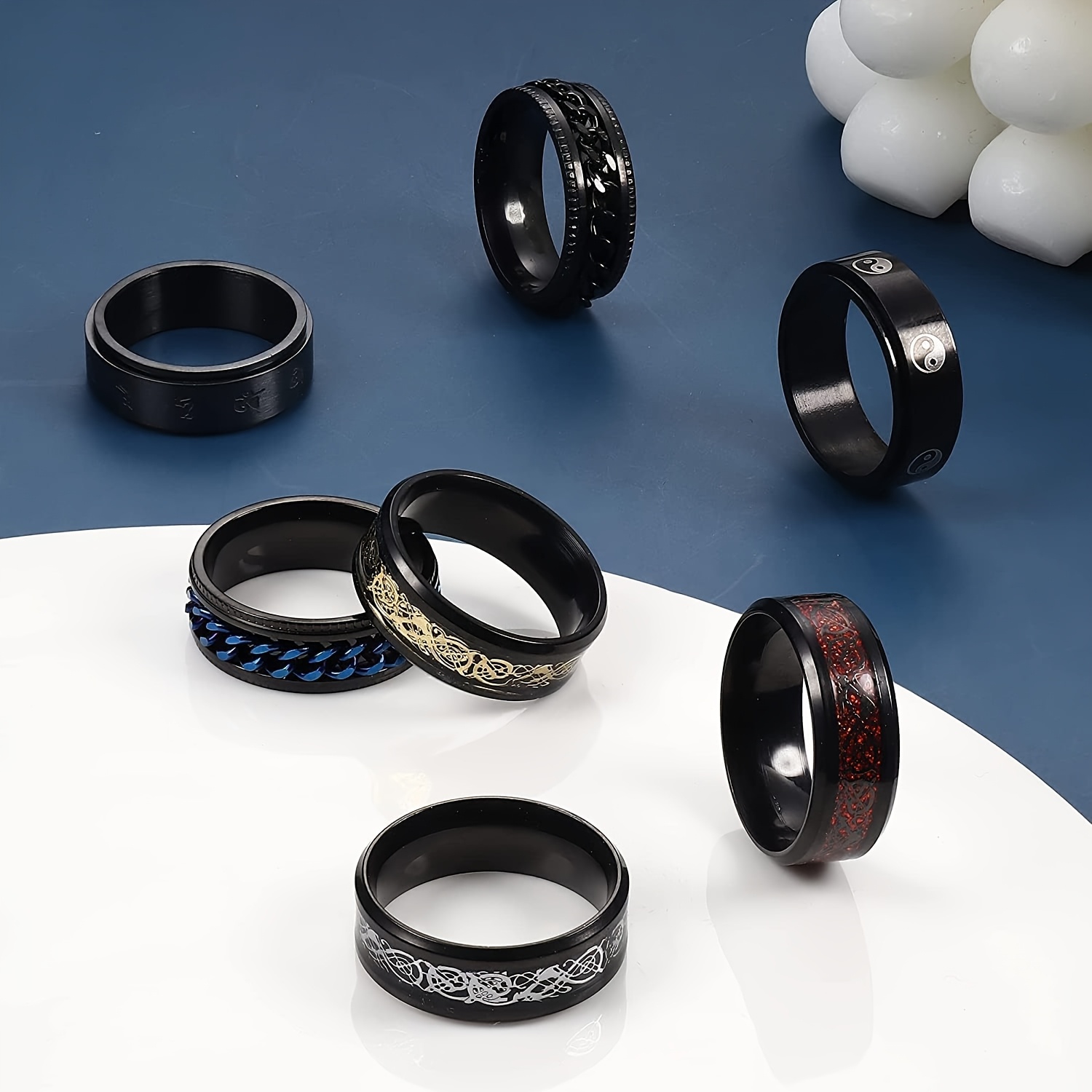 12pcs spinner rings 316l stainless steel fidget ring anxiety ring for men dragon pattern   edges celtic black rings stress relieving wedding pormise band ring set Product details 1