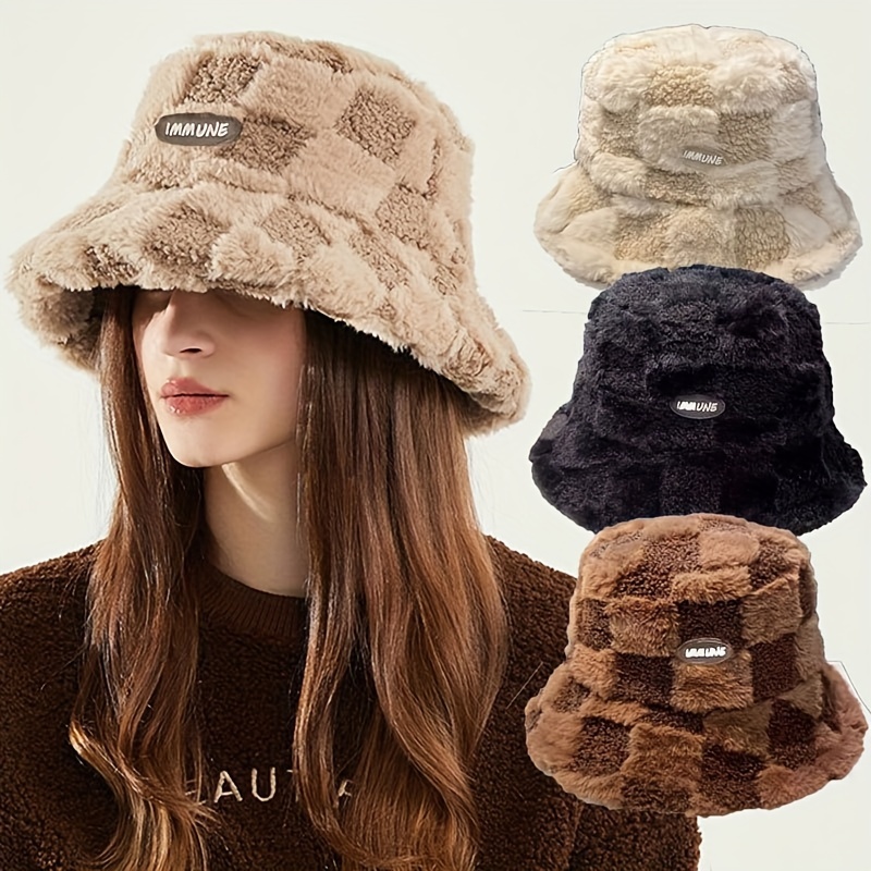 

Thickened And Flannel Style Unisex Trendy Versatile Sunshade Bucket Hat With Plaid Pattern, Sun Hat For Christmas New Year Gift
