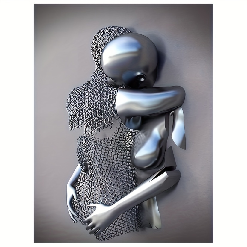 

Embrace: 3d Silvery Wall Art, Abstract Couple Canvas Print, Frameless Romantic Decor For Living Room, Bedroom - 12x18 Inches