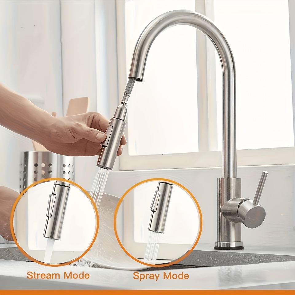 Modern Stainless Steel Kitchen Tap With High Pressure Pull- Sprayer, 3 Water Flow Settings & 360° Rotating Spout, Brushed Mixer Tap Suitable For Sink, Faucet For, Valve, Installation