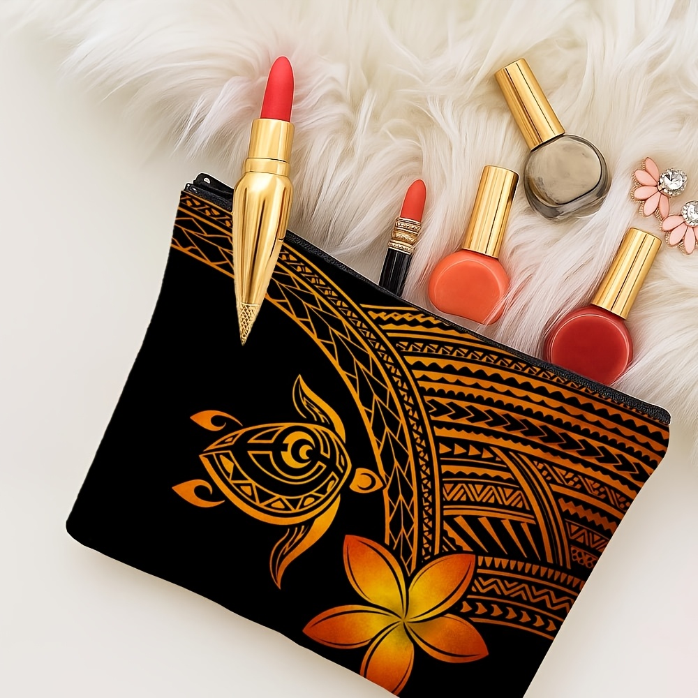 TEMU 1 Polynesian Tribal-style Makeup Bag And Travel Toiletry Bag With Zipper Closure, Tortoiseshell And Black Color Scheme, A Perfect Gift For A For
