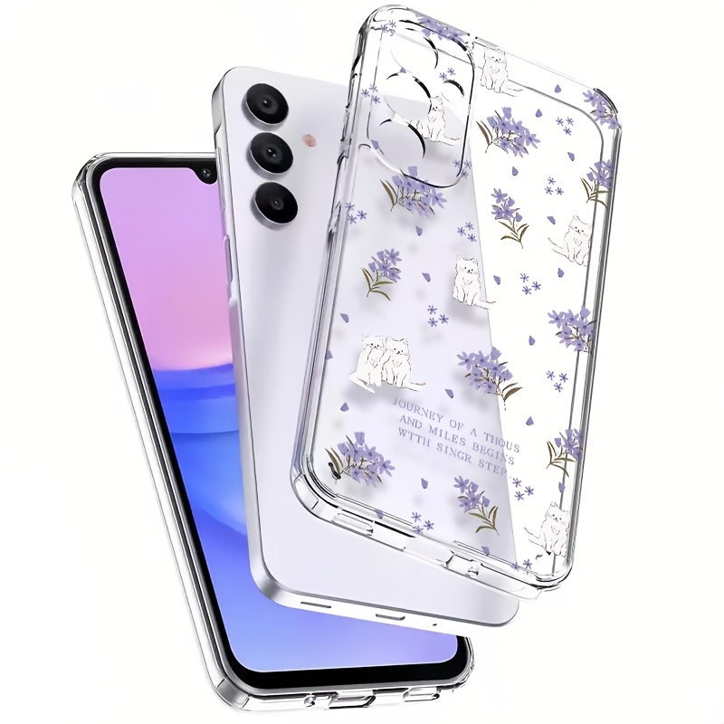 TEMU Purple Flower And White Cat Pattern 3-in-1 Set, Compatible With A17/a57/a37/s26/s26 Plus/s26