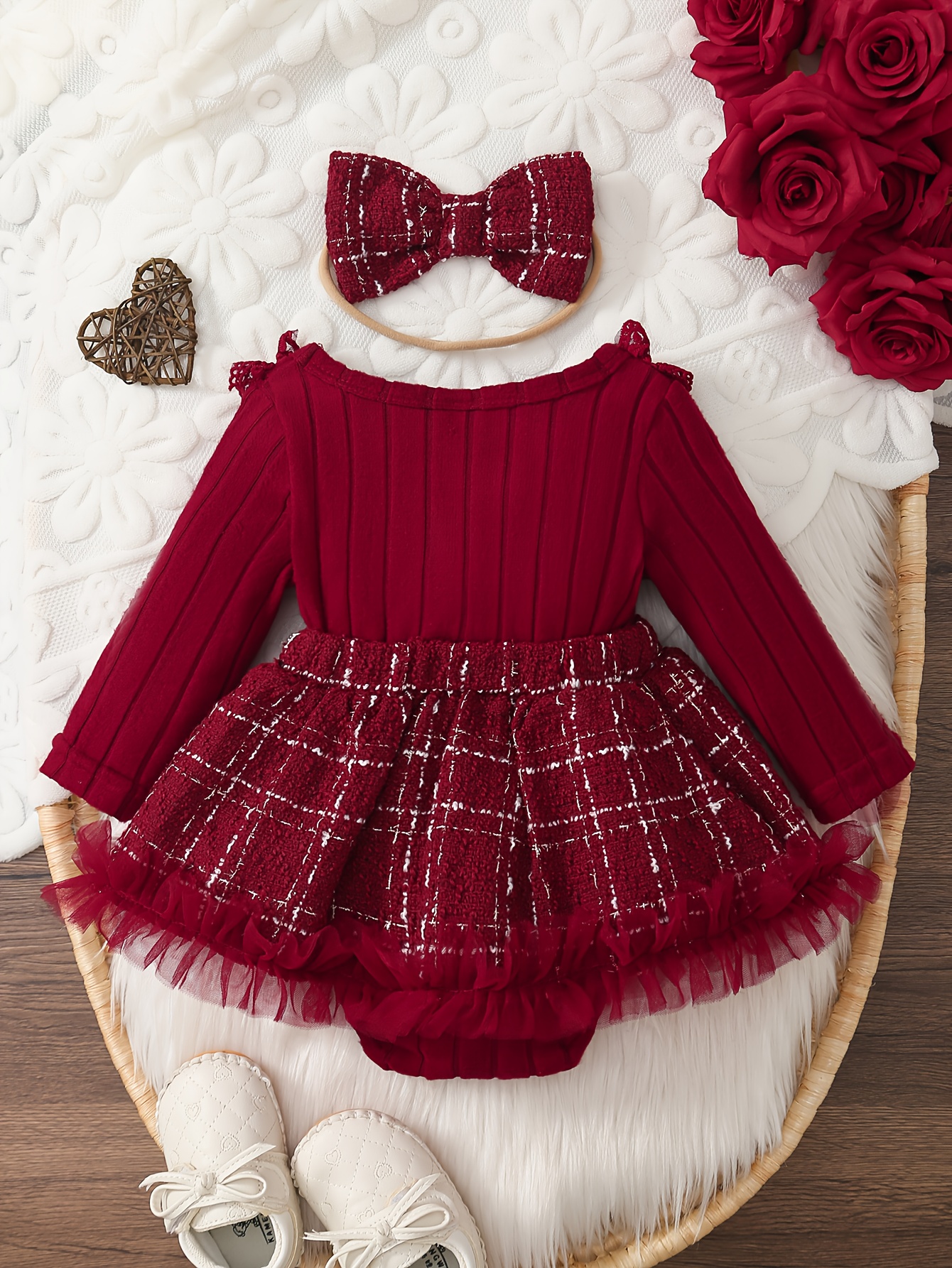 2pcs Newborn Baby Girl Romper Dress Long Sleeve Hem Lace + * Headband,  Autumn And Winter Princess Dress Holiday Gift for Kids, for Outdoor