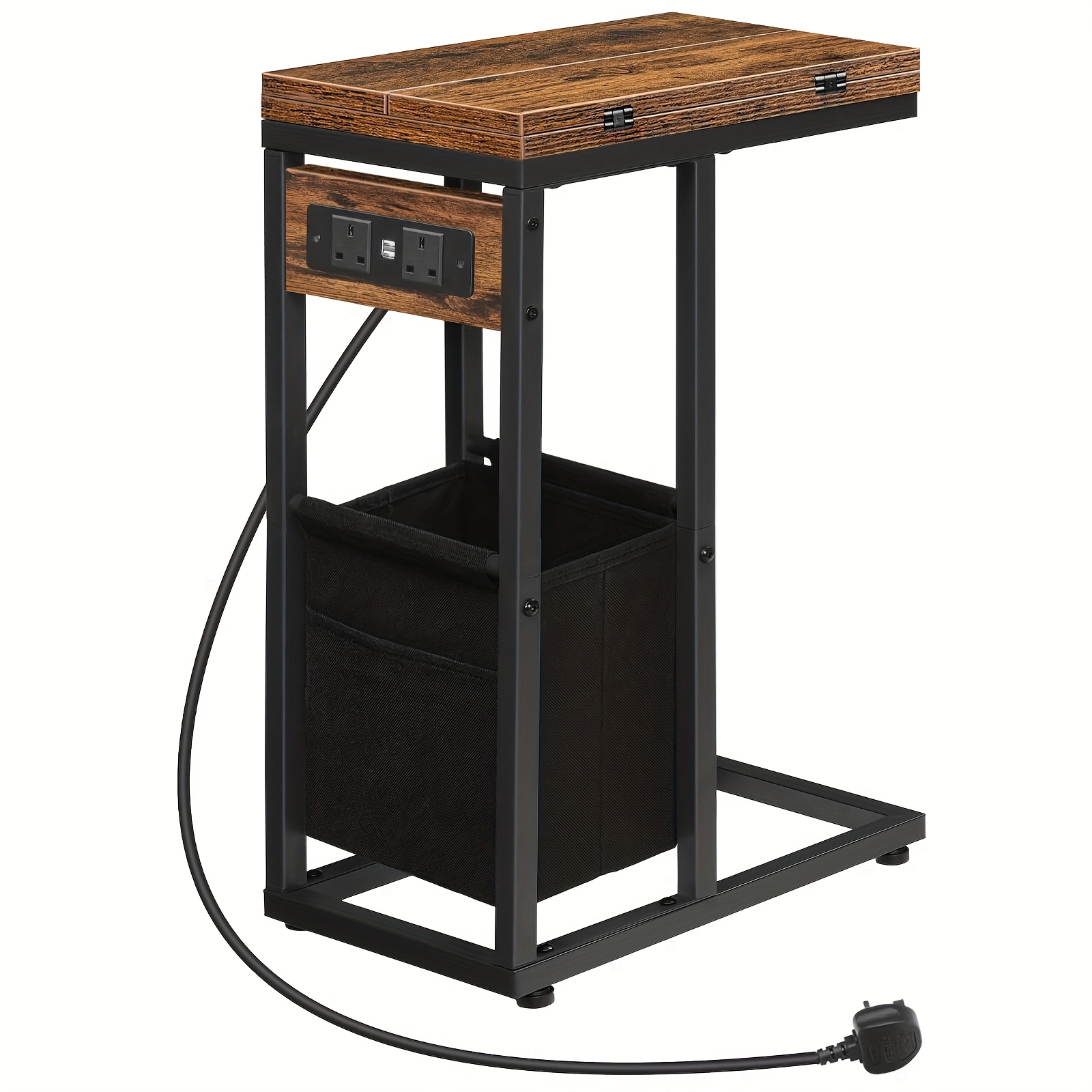 TEMU C Shaped Side Table, Sofa Side Table With Charging Station, Foldable Laptop Table For Sofa, 2 Usb Ports And 2 Ac Outlets, Bedside Table With