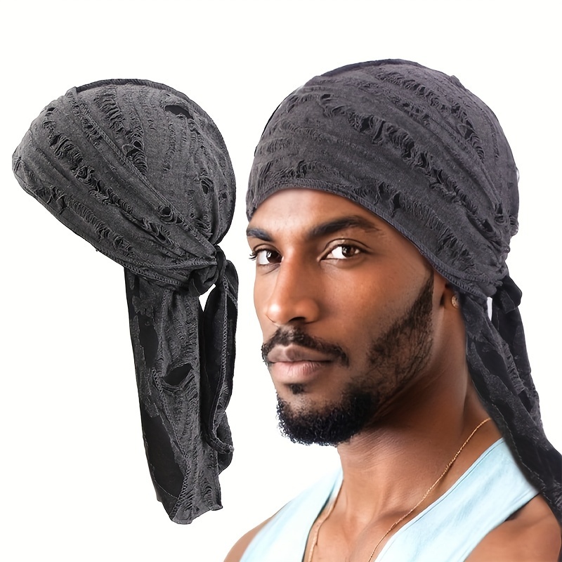 

[stylish Accessory] Men' Distressed Pirate Hat With Adjustable Ties - Black Knit Polyester Rapper Wrap Turban For