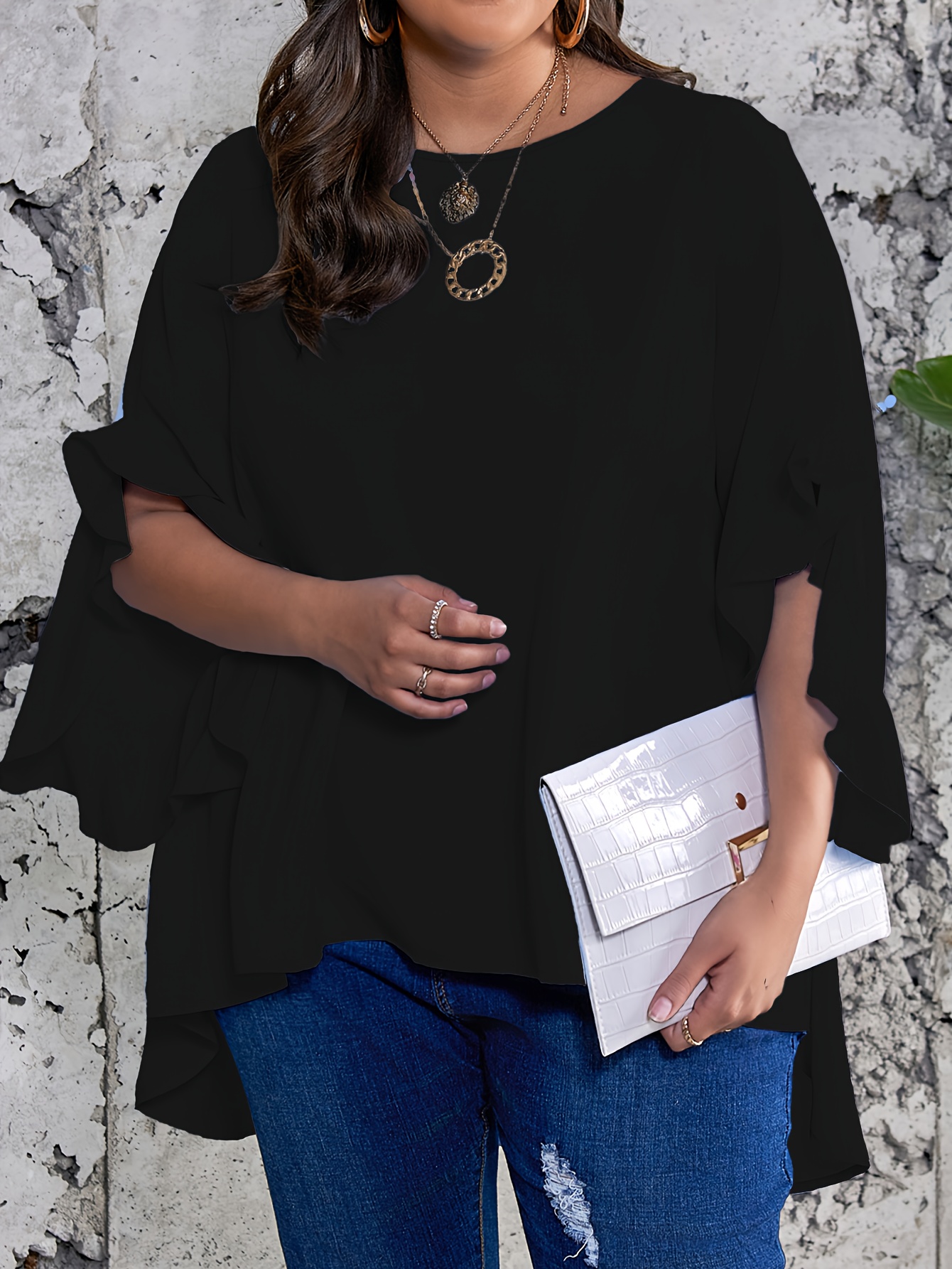 Plus Size Solid Ruffle Sleeve Blouse, Casual Crew Neck Irregular Hem Blouse For Spring, Women's Plus Size?Clothing