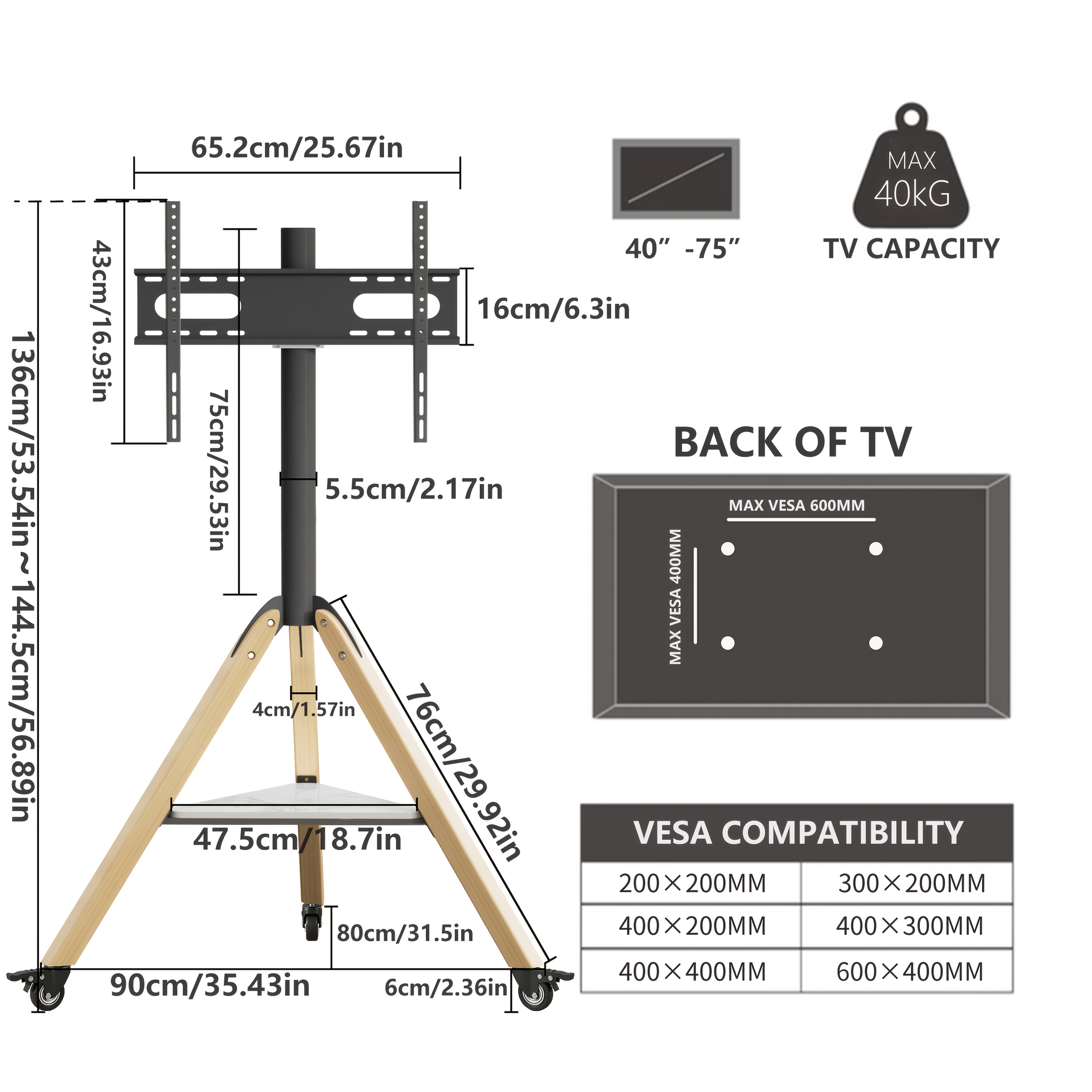 AESOME Universal Swivel Tripod Easel TV Stand for 40-75 Inch LED LCD Screen Height Adjustable Studio TV Display Stand with Sintered Stone Shelf for Bedroom, Living Room Max Load 88lbs, 600*400mm