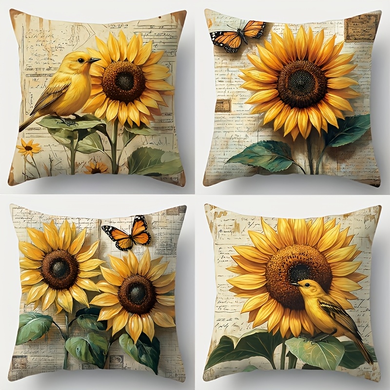 

4-pack Sunflower And Birds Theme Pillow Covers, Contemporary Style, Machine Washable, Polyester, Zipper Closure, Woven Print Cushion Cases For Living Room Decor - Easy To Clean And