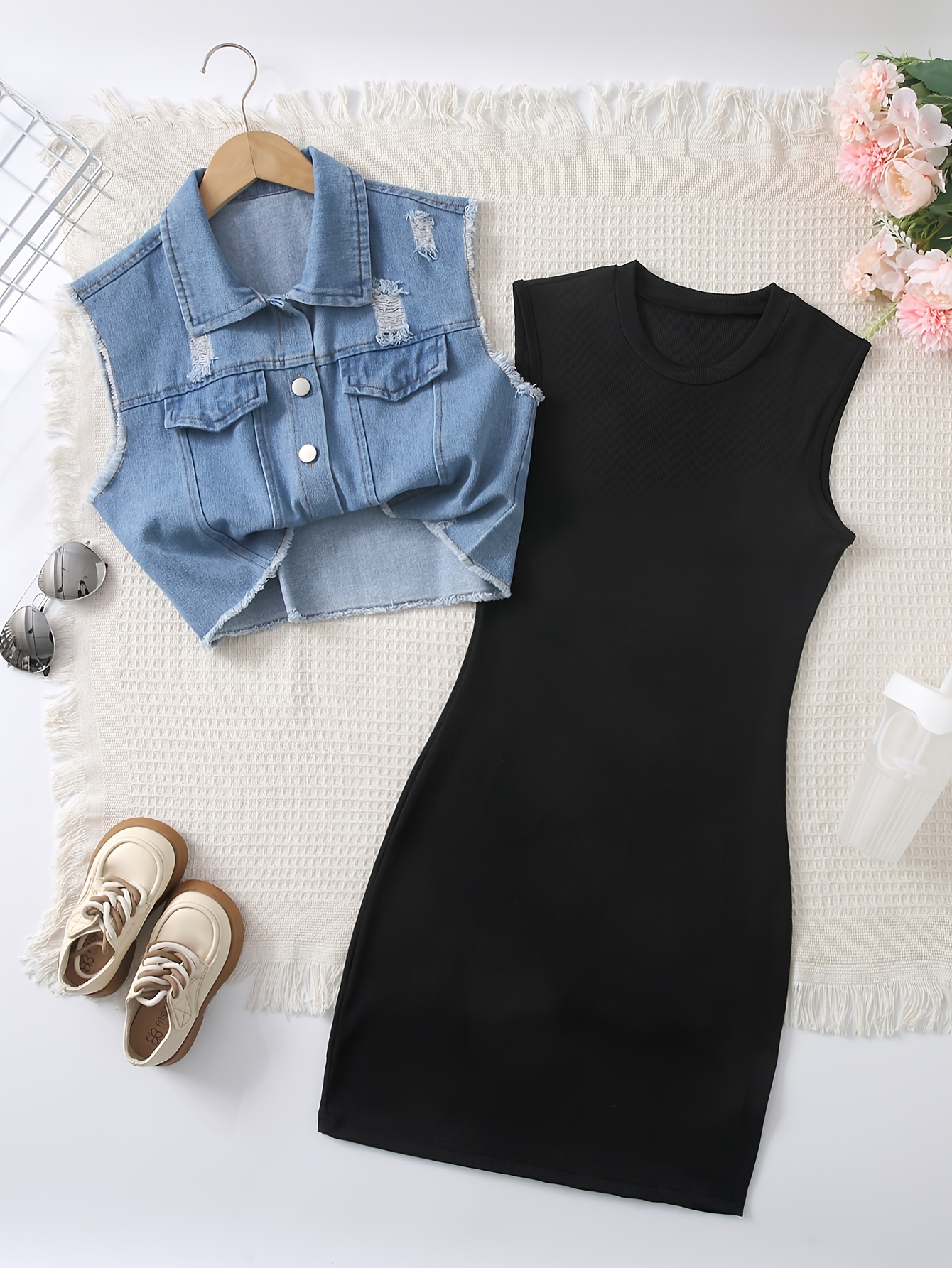 Girls' Distressed Denim Vest + Bodycon Dress Two-Piece Set | Summer Outfit  | * Denim Vest with Black Sleeveless Bodycon Skirt | Black Fitted Knit  Dress, Petite Height-Enhancing * Dress
