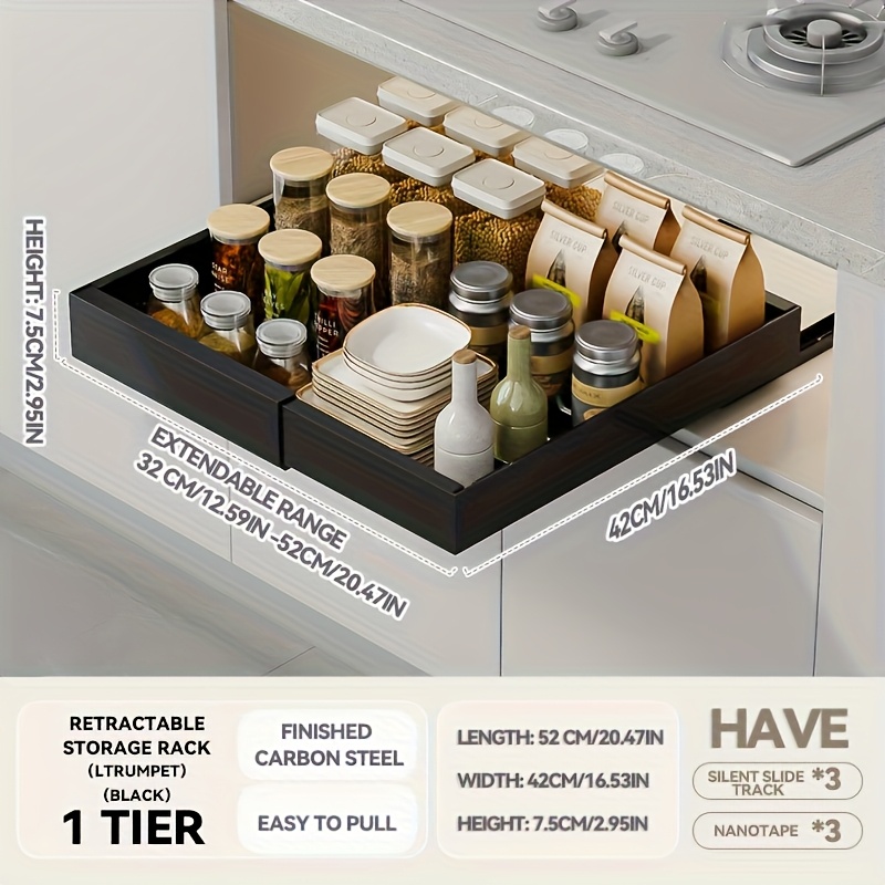 TEMU Expandable Kitchen Storage Drawer - Smooth Gliding, High-quality Carbon Steel, Corrosion-resistant And Rust-proof, An For Kitchen, Bathroom, And