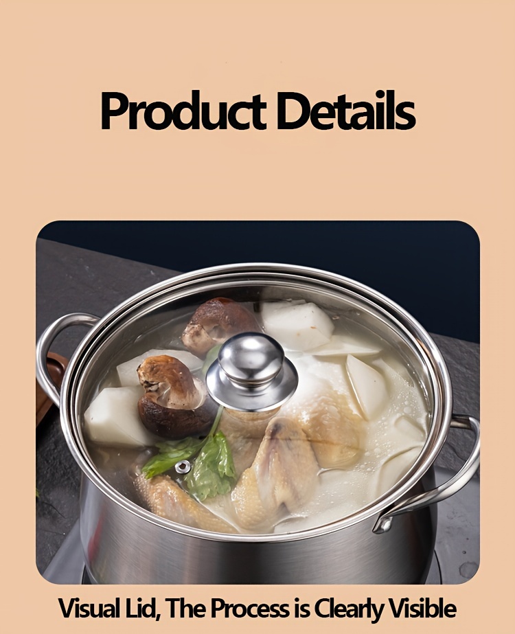 large stainless steel soup pot with glass lid thickened elevated multi functional for   and soups compatible with gas induction cooktops ideal for home and restaurant use details 5