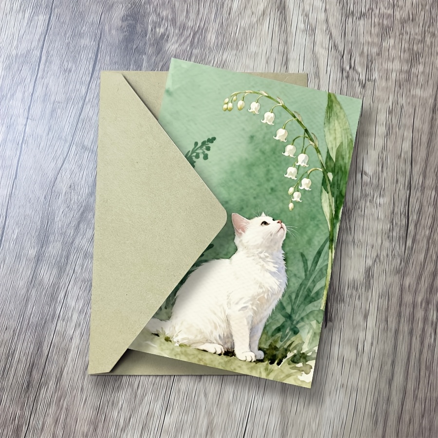 This Greeting Card Features A Theme Of A White Cat Of The Valley, Exuding And Elegant Vibe, Making It Suitable For Spring Greetings Or Of Gratitude. , Colleagues