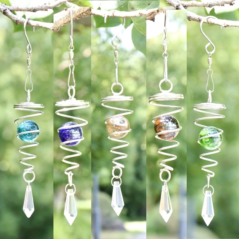 Image of 5pcs Of 3d Spiral Rotating Metal Pendants With Crystal Balls, Elegant Outdoor Garden Hanging Decorations For Sun Catchers