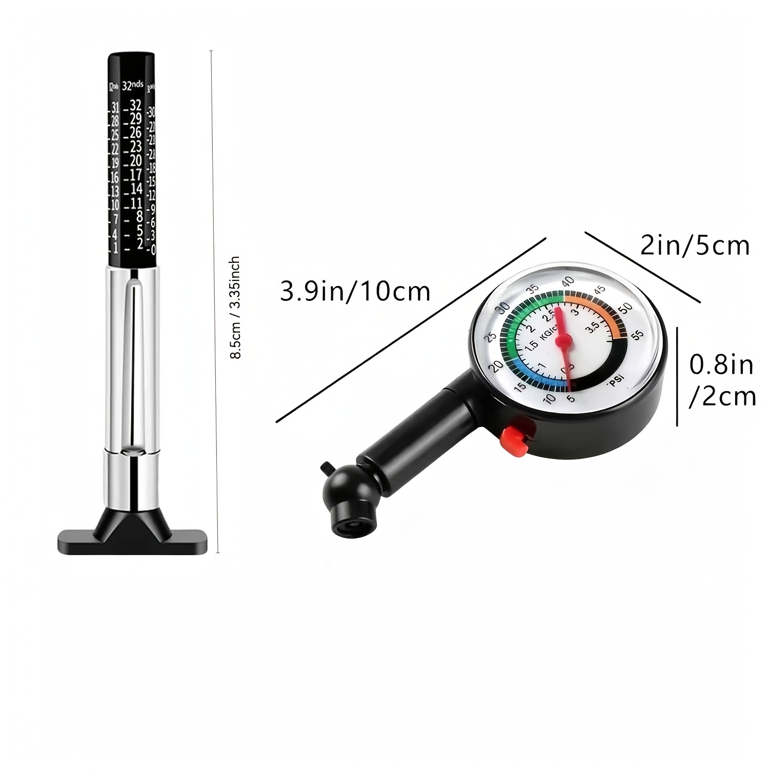 TEMU Kit d'outils d'inspection de pneus de voiture 2 pièces, manomètre et jauge de profondeur de bande de roulement, détecteur universel de mesure de