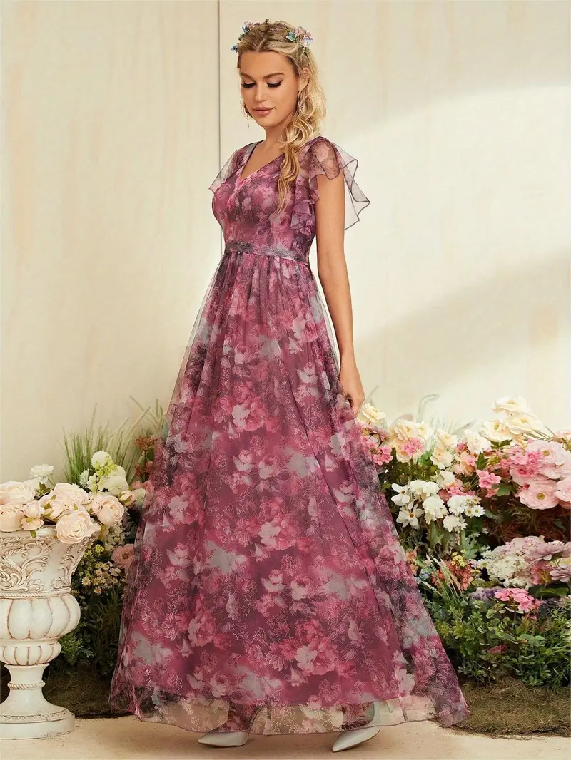 elegant womens deep v neck bridesmaid dress with short sleeves floral print lace trim satin mesh overlay ruffle hem a line long skirt weddings and formal events wedding guest attire floral print dress Product details 9