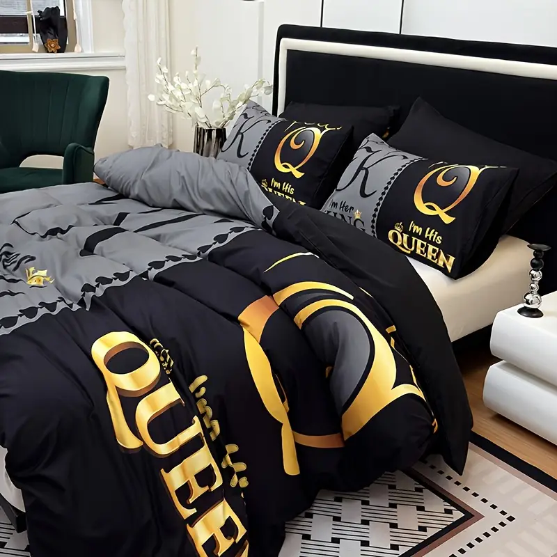 king queen crown themed duvet cover set 3pcs polyester bedding set with 1 comforter cover 2 pillow shams machine washable breathable fabric cozy bedroom accessory christmas present details 0