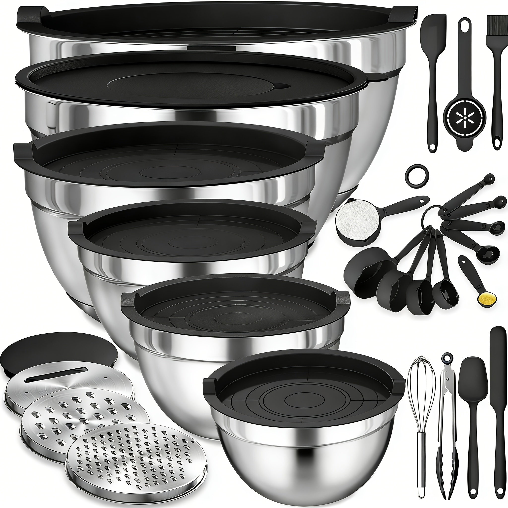 TEMU 6pcs Stainless Steel Salad Bowl Set With Lids, 16-26cm 6pcs Set With Lids + 3pcs Grater Set + 8 Accessories, Suitable For Salads, Fruits, Pasta,