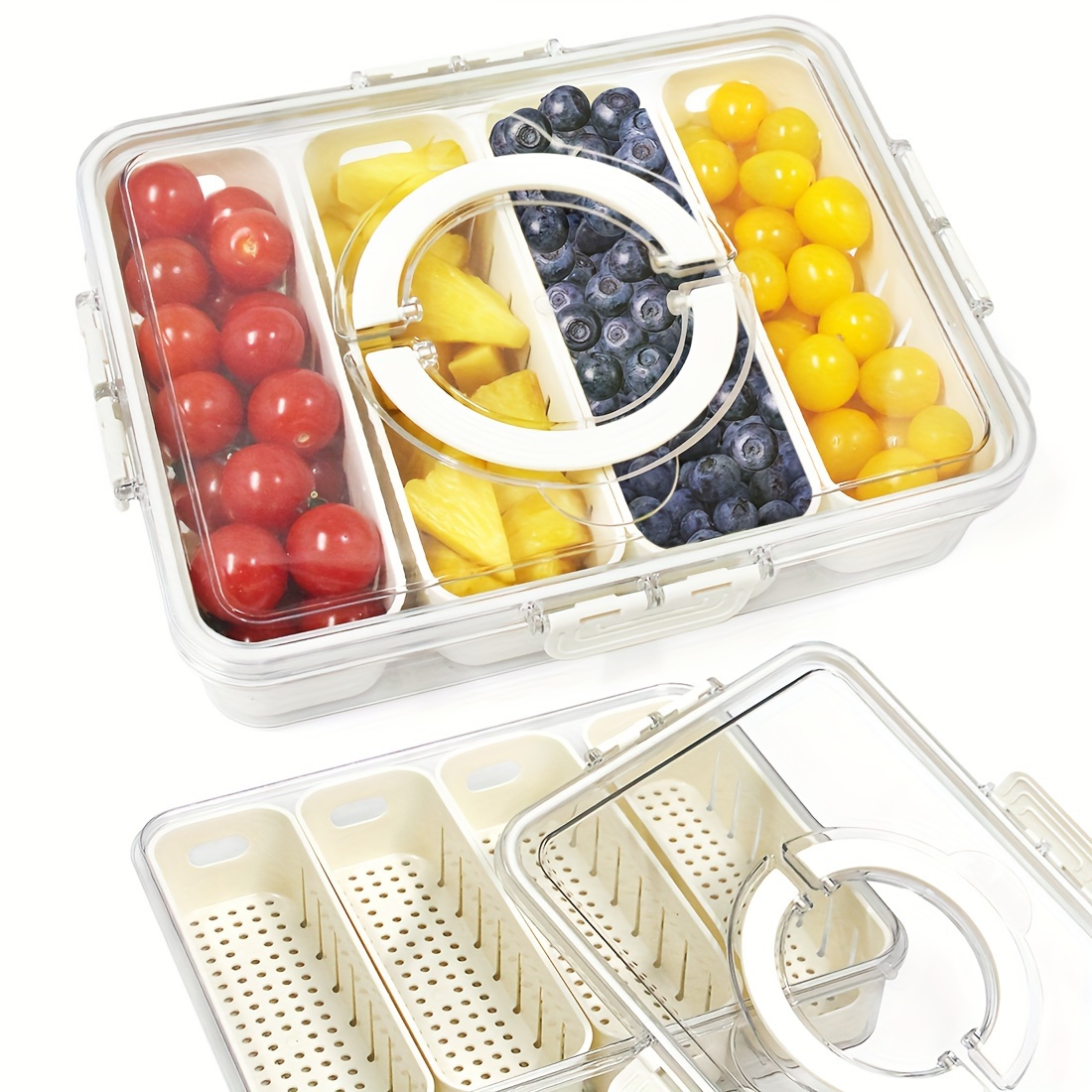 

Divided Serving Tray Fresh-keeping Box With Lid&handle, 4 Compartments Snacks Box, Snack Fruit Tray, Veggie Tray, Portable Snack Platter For Candy Fruits Nuts Snack Party Entertaining Picnic