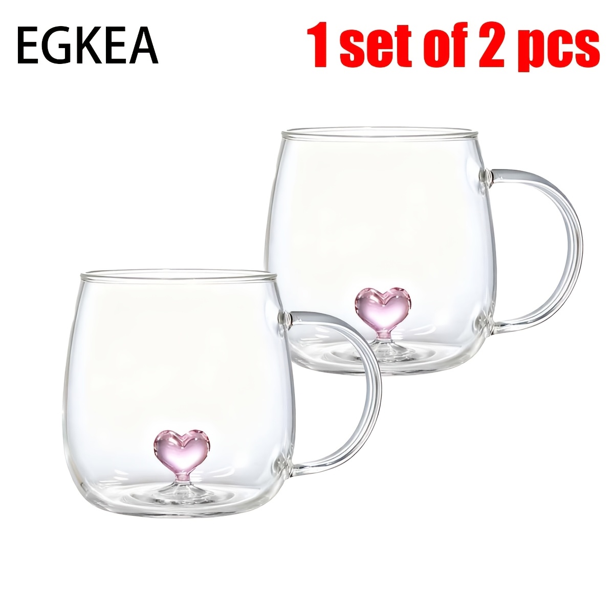 E-shop EGKEA, 2er/4er Set, 400ml, Rosa Herz, Herzförmiges Glasbecher-Set mit eingelegtem Glas, Transparentes Glas als Hauptkörper, mit einem