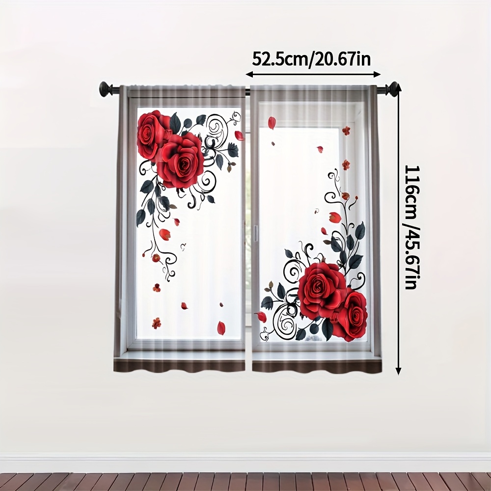 E-shop 2 Stück Rote Rosen-Druck Vorhangs - Lichtdurchlässige Privatsphäre-Vorhänge mit Eleganter Blumenmuster für Wohnzimmer, Schlafzimmer, Büro &