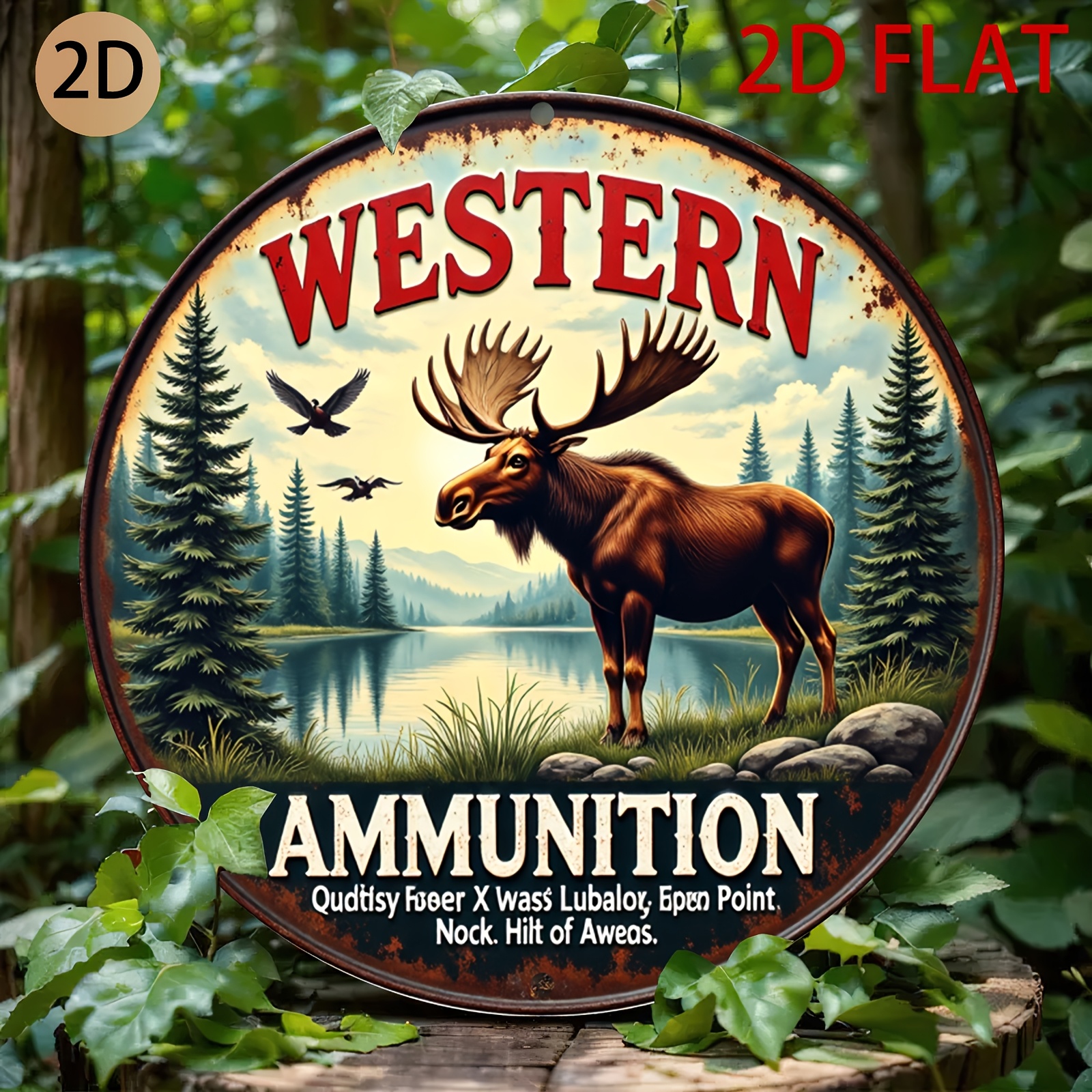 TEMU Panneau Métallique Rond Vintage 2D - Un Panneau Métallique Rond 2D pour , Montrant un Élan et un Arrière-plan de Forêt, des WESTERN AMMUNITION,