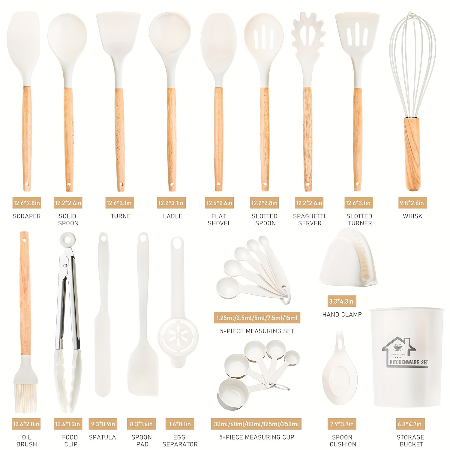 Food-Grade Silicone Cooking Tool Set With Wooden Handles And Stands, BPA-Free Non-Stick Cookware Gadgets For Baking, Stirring And Serving