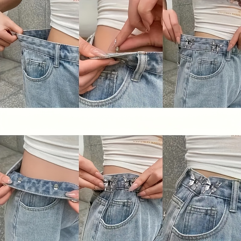 Chic Butterfly Waist Cincher Clips - No-Sew, Detachable Metal Buttons for Jeans & Pants, Silvery/Black