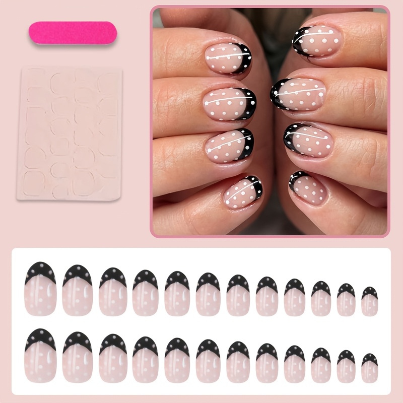 TEMU 24pcs Short Oval Press On Nails Suitable For Daily & Party - Tip Fake Nails With Polka , Full Cover Nail Tips, Minimalist Short Length For Women