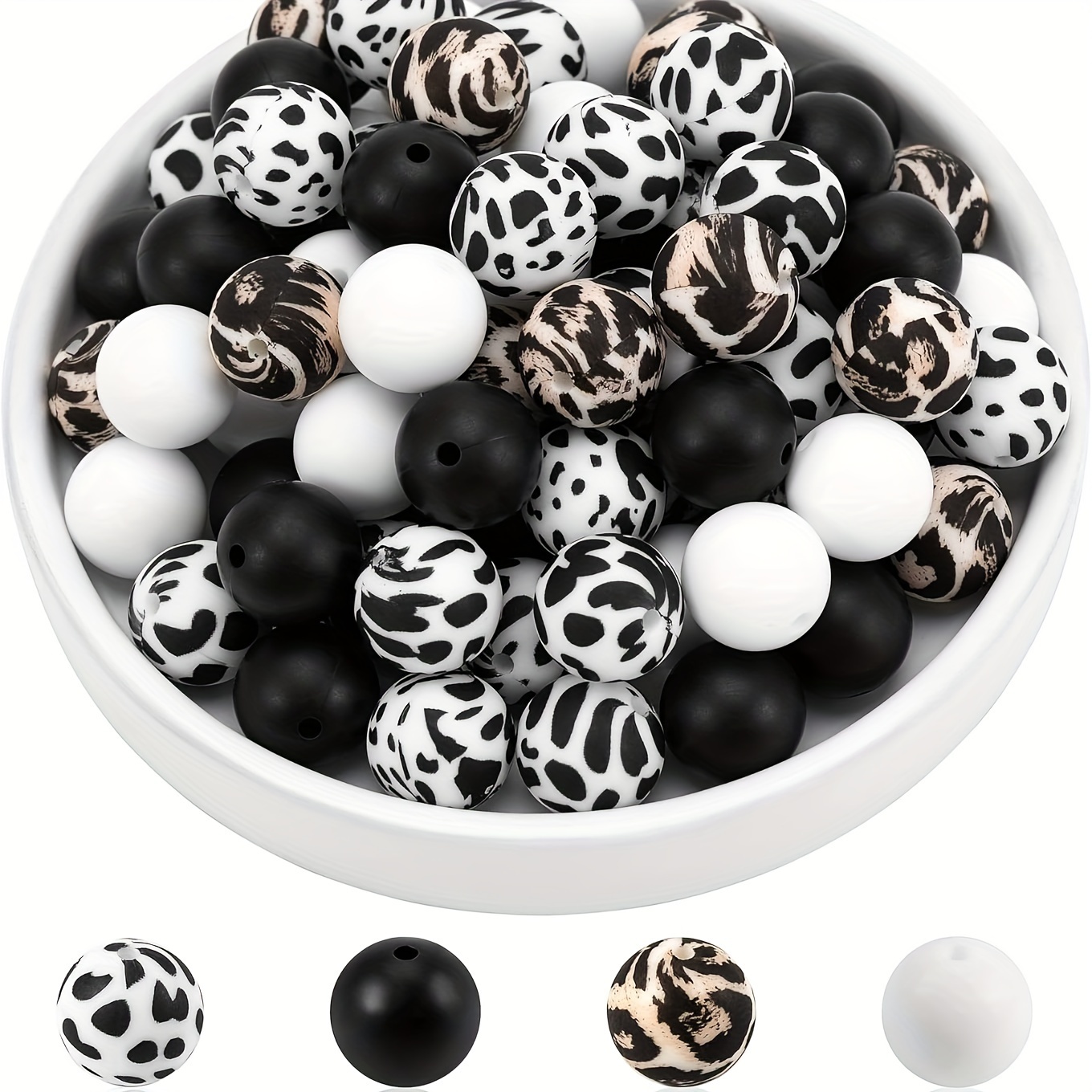

100pcs Silicone Beads 15mm For Keychain Making, Leopard Cow Black White Color Silicone Round Beads Bulk For Diy Necklace Bracelet Jewelry Making