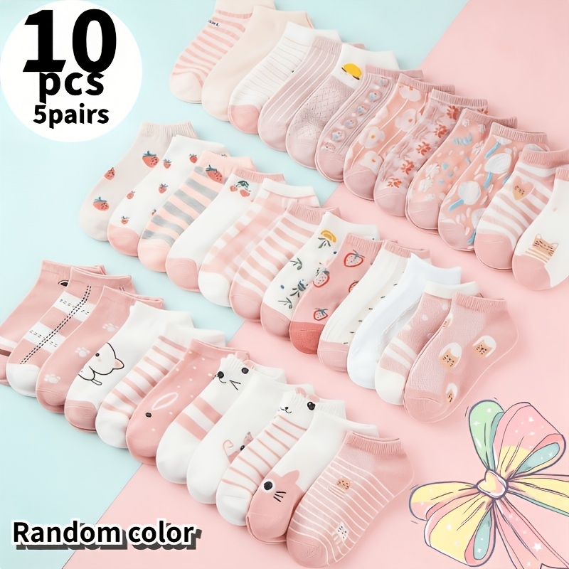 TEMU Random 10pcs/5pairs Women's Floral Socks - Soft Pink And , With Cute Floral Illustrations, Ankle Socks, Compression Socks, Circular Compression
