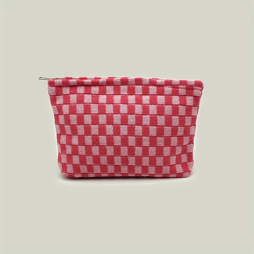 E-shop 1 Stück Große Strick-Kosmetik-Tasche – Karo-Make-up- und Schreibwaren-Etui, Geräumige Reise-Toiletten-Tasche für Damen/Herren,