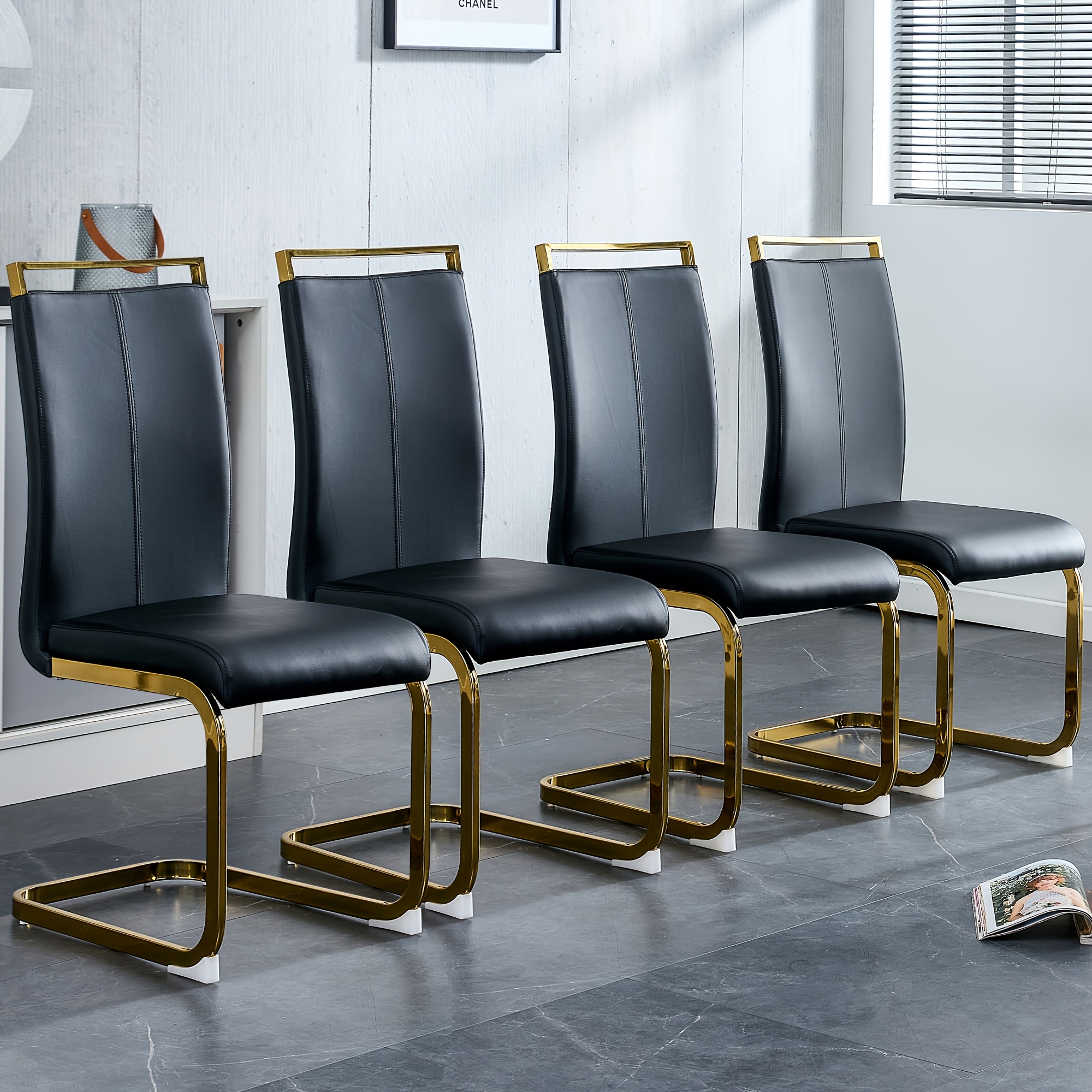 Modern Dining Chairs Set of 4, High Back White Kitchen Chairs, Faux Leather Side Chair with Gold Plated Metal Legs, Easy to Install Upholstered Dining Chairs, Ideal for Living Room, Easy to Install (Golden/Silver Leg) Local Warehouse