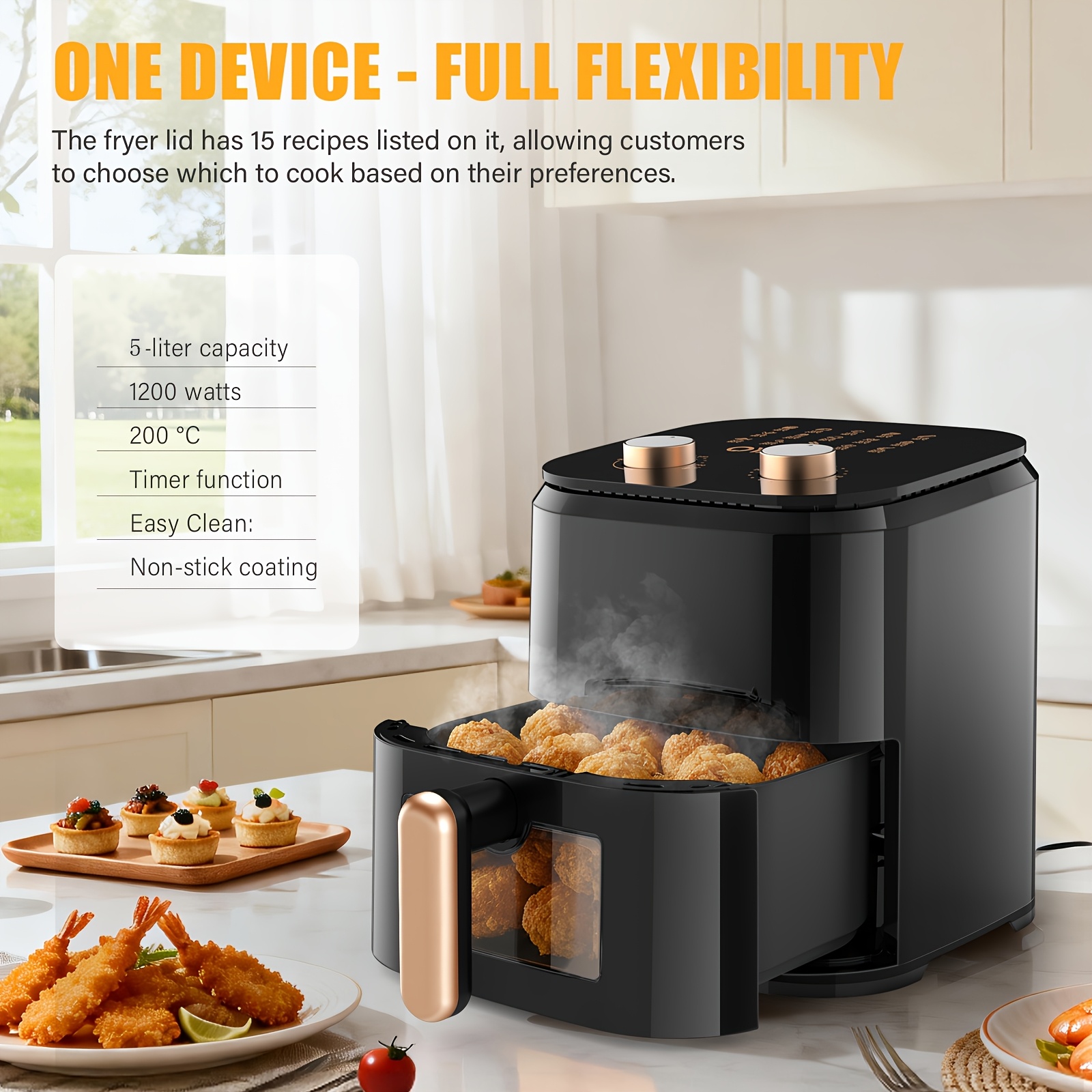 Friteuse à Air 5L, Capacité Familiale Améliorée, Fenêtre Visuelle, Température Réglable, Minuterie de 60 Minutes, 15 Recettes, Panier Carré en Acier Inoxydable, Réchauffage des Restes, Cuisine Facile pour Petit-Déjeuner et Dîner Plus Sains en Quelques Minutes