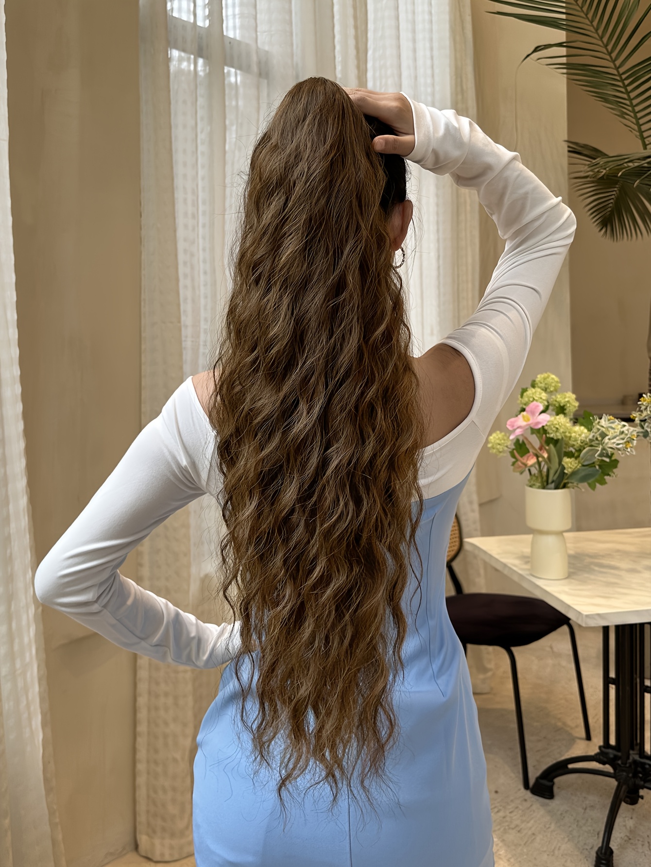 claw shaped ponytail extension dark brown 28 inch water wave heat resistant fiber synthetic ponytail wig suitable for short hair accessories for womens daily use details 1