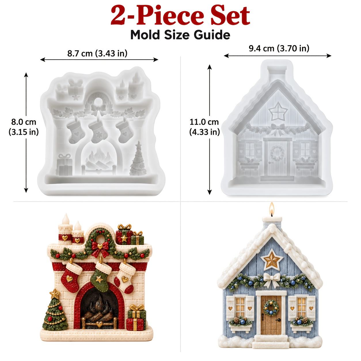 TEMU 2pcs Set Christmas Silicone Mold Suitable For Resin & Plaster Crafts - Fireplace & Shapes With Fireplace Mantel, Chimney, Snowy Roofs For Diy