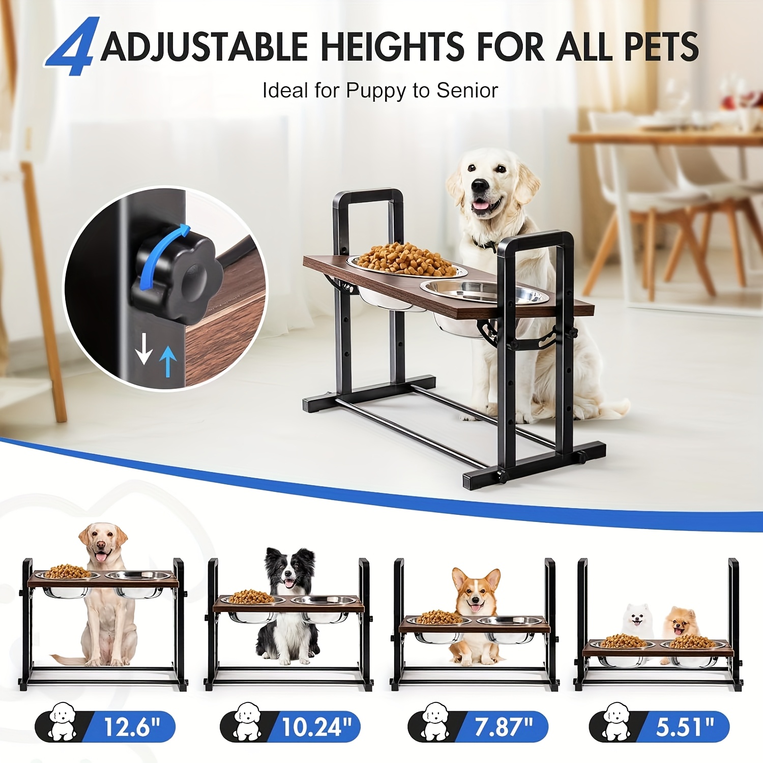 TEMU Adjustable Height & Angle Elevated Dog Bowl Stand, 4-tier Design With 2 Stainless Steel Bowls, Anti-slip Feet - Ideal For Small To Large Dogs, Neck & Spill